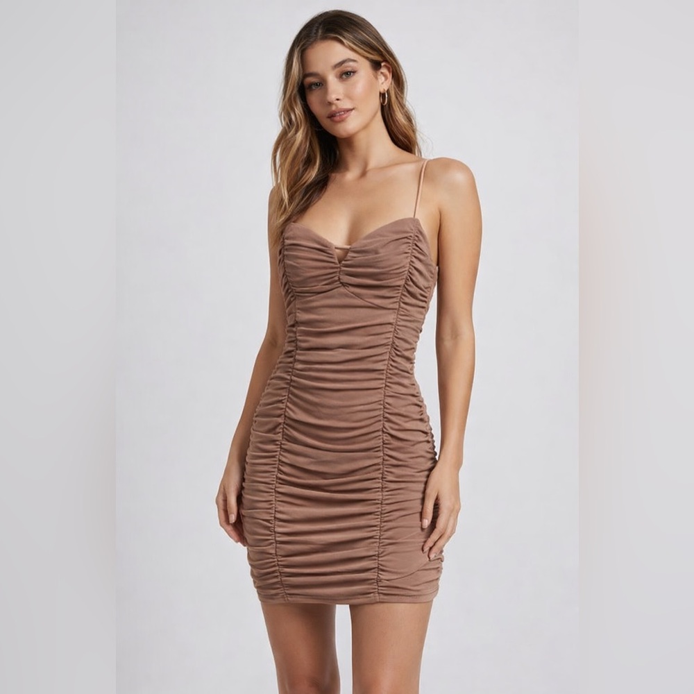 NWT BJ Luxe Taupe Ruched Bodycon Mini Dress | Medium